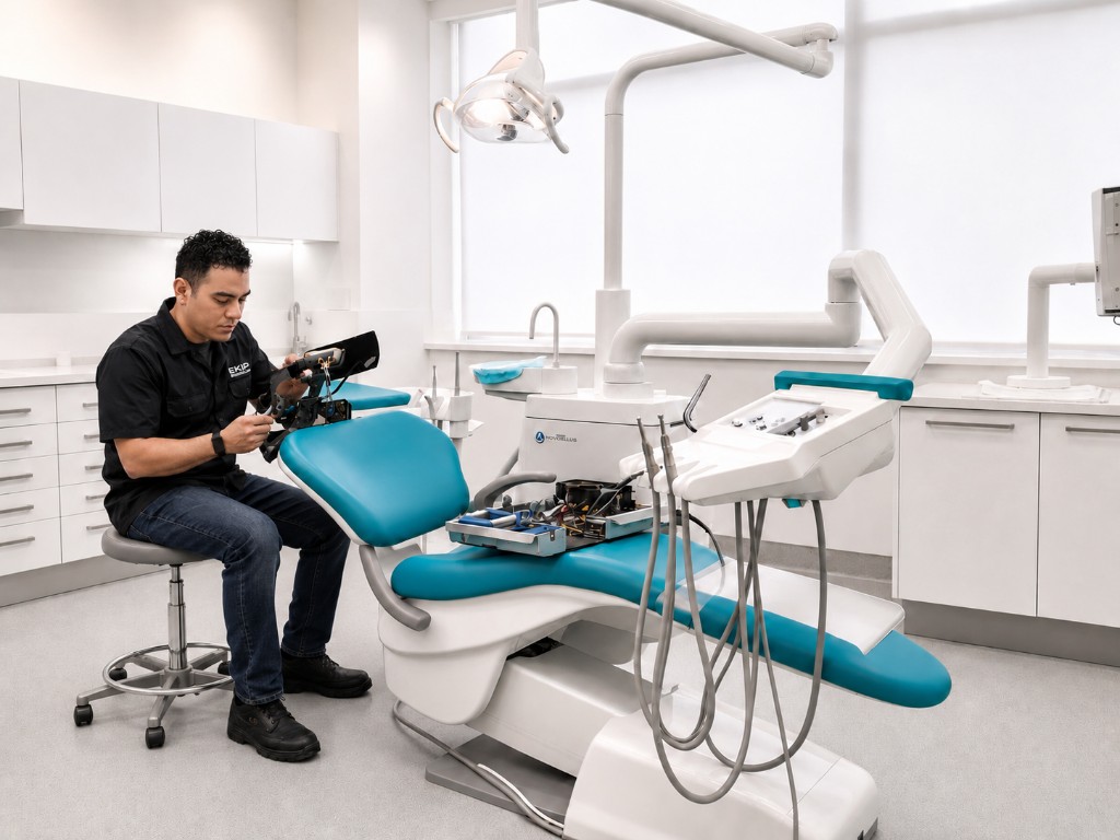 Técnico da EKIPE HELP realizando manutenção em cadeira odontológica